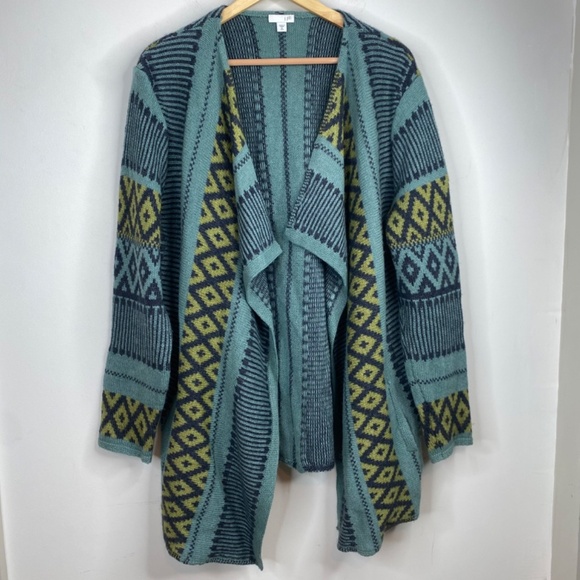 J Jill Cardigan XLP Wool Alpaca Boho Aztec Southwestern Teal Pockets Lagenlook - Picture 2 of 11